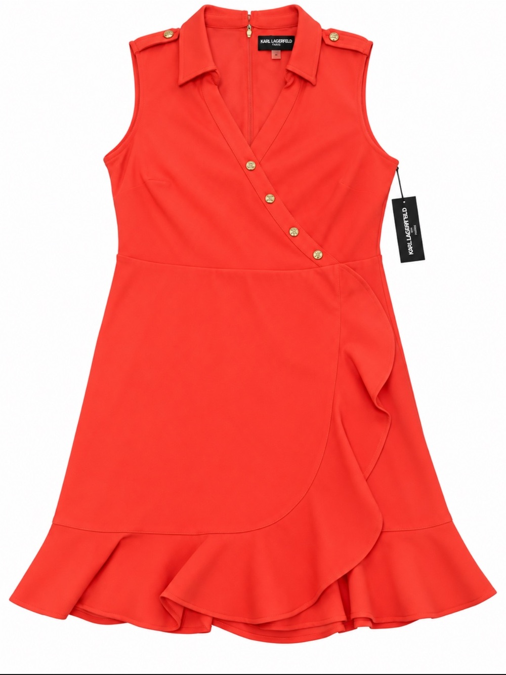Karl Lagerfeld Women’s Coral Red Sleeveless Faux-Wrap Dress with Gold Buttons